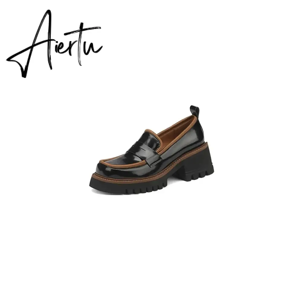 Aiertu Spring Genuine Leather Slip-On Platform Shoes Ins Casual Loafers Square Toe Chunky Heel Women Shoes Zapatos De Mujer Pumps