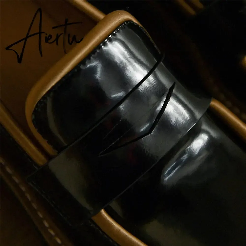 Aiertu Spring Genuine Leather Slip-On Platform Shoes Ins Casual Loafers Square Toe Chunky Heel Women Shoes Zapatos De Mujer Pumps