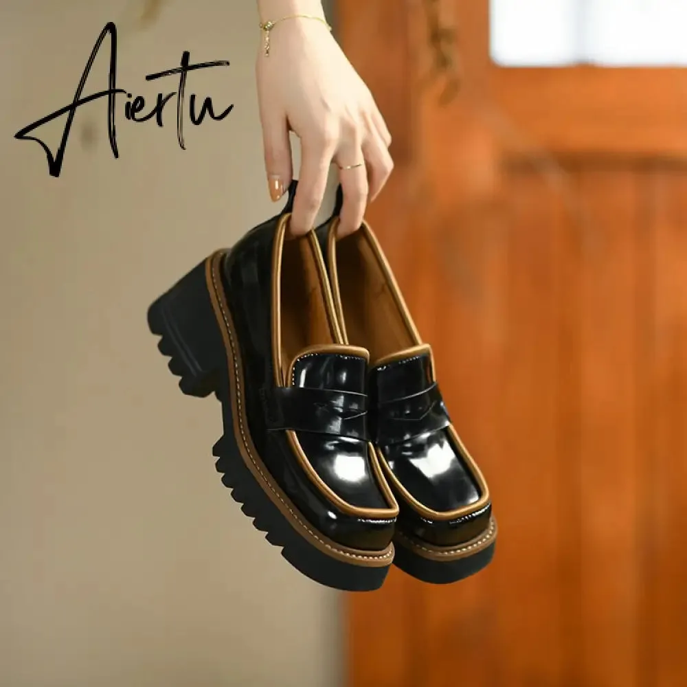 Aiertu Spring Genuine Leather Slip-On Platform Shoes Ins Casual Loafers Square Toe Chunky Heel Women Shoes Zapatos De Mujer Pumps