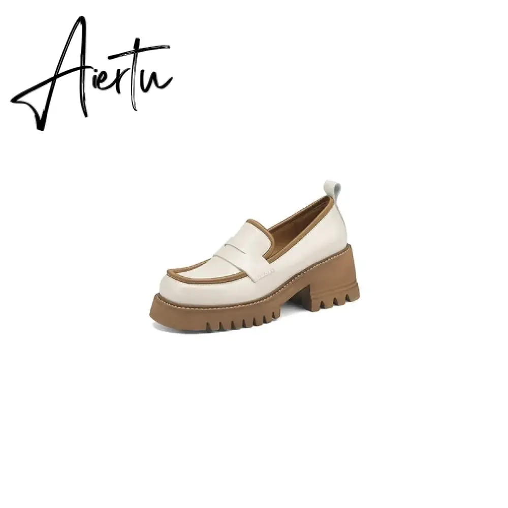 Aiertu Spring Genuine Leather Slip-On Platform Shoes Ins Casual Loafers Square Toe Chunky Heel Women Shoes Zapatos De Mujer Pumps