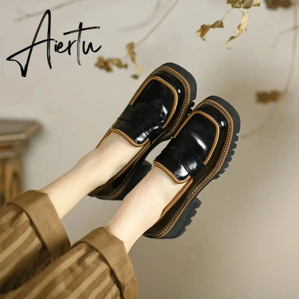 Aiertu Spring Genuine Leather Slip-On Platform Shoes Ins Casual Loafers Square Toe Chunky Heel Women Shoes Zapatos De Mujer Pumps