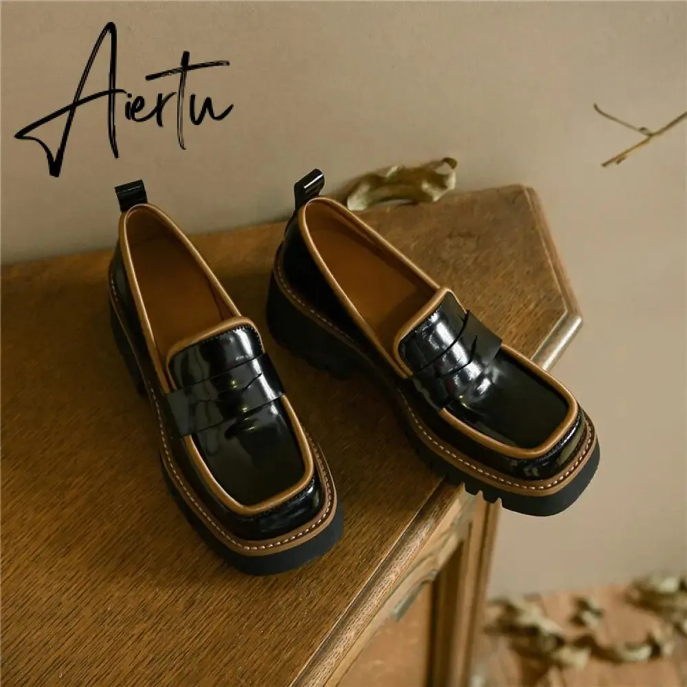 Aiertu Spring Genuine Leather Slip-On Platform Shoes Ins Casual Loafers Square Toe Chunky Heel Women Shoes Zapatos De Mujer Pumps