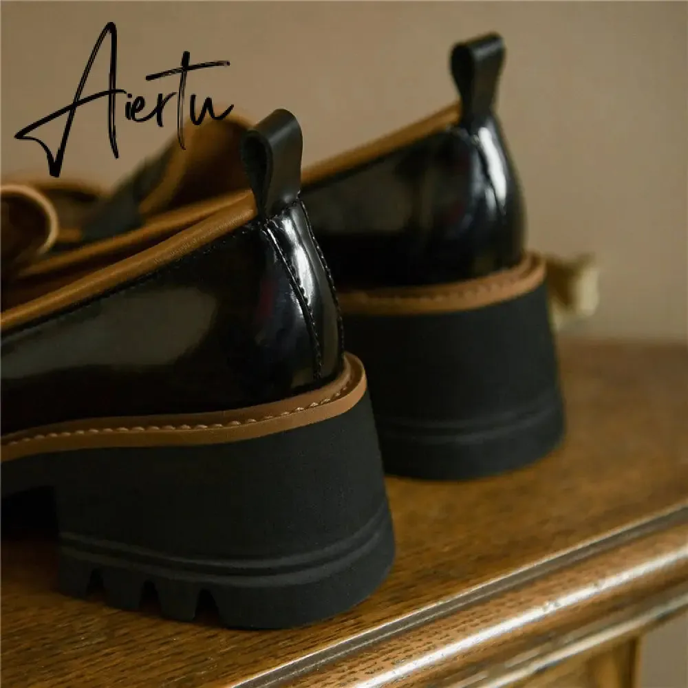 Aiertu Spring Genuine Leather Slip-On Platform Shoes Ins Casual Loafers Square Toe Chunky Heel Women Shoes Zapatos De Mujer Pumps