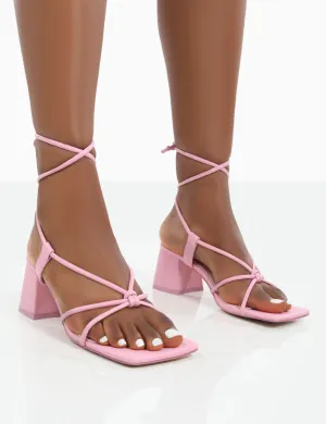 Aloha Pink Lace Up Block Mid Heeled Sandals