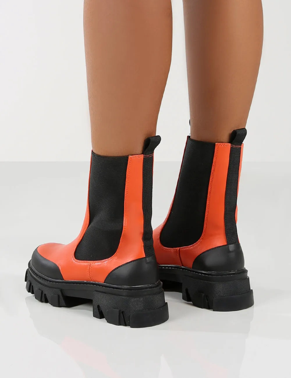 Amber x Public Desire Wonder Orange PU Chunky Sole Ankle Boot