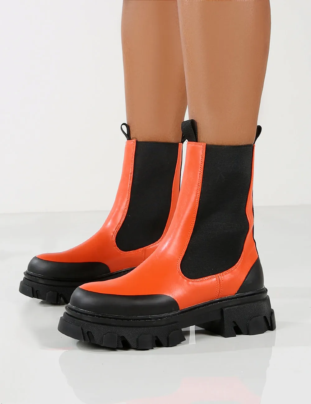 Amber x Public Desire Wonder Orange PU Chunky Sole Ankle Boot