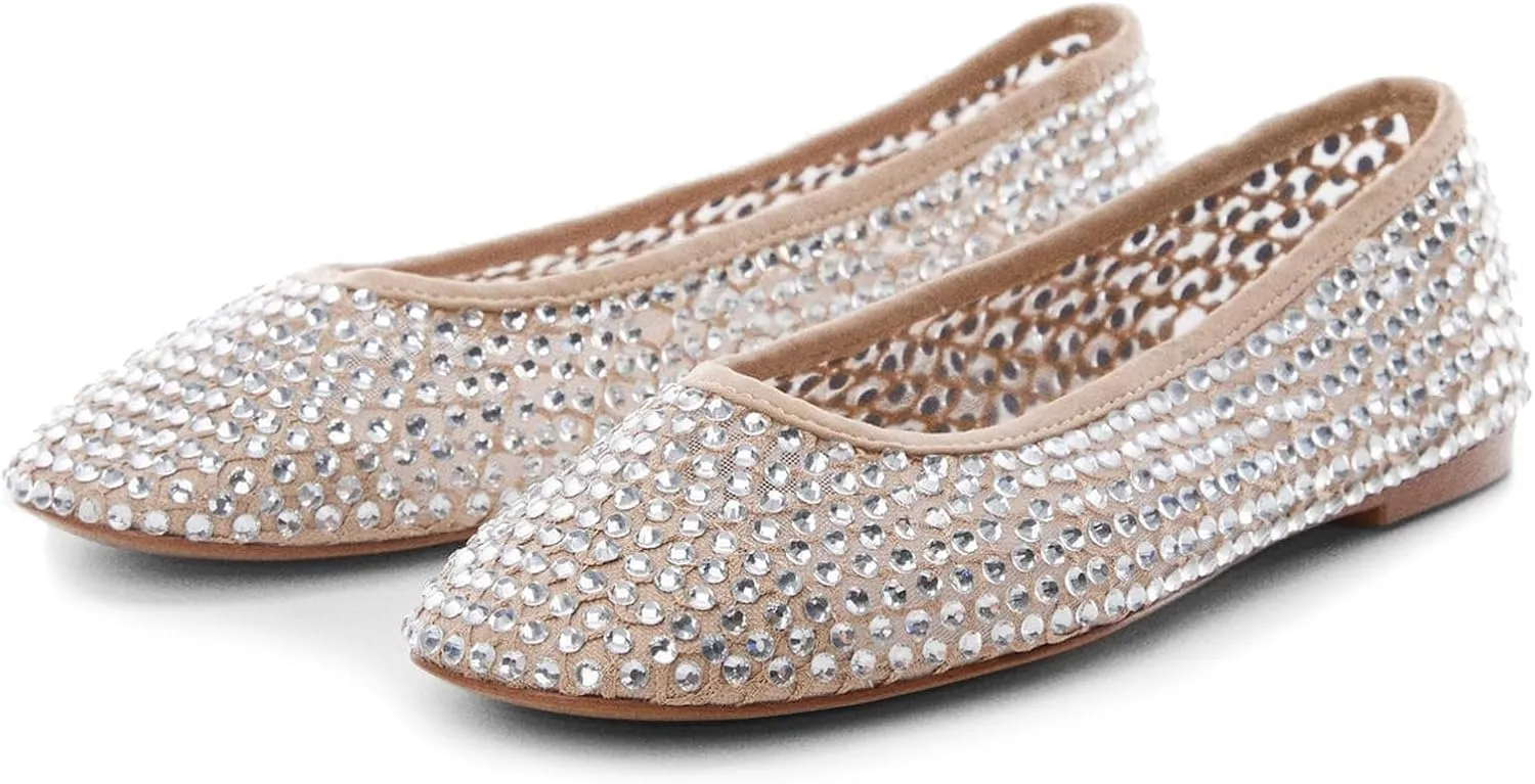 Arqa Rhinestone Ballet Flats for Women Sparkly Crystal Mesh Ballerina Flat Comfortable Wedding Dress Shoes