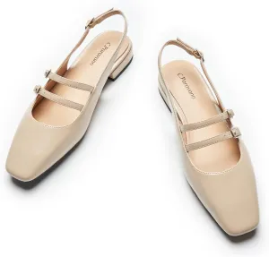 C.Paravano Women's Flat Sandals Mary Jane Flats Slingback Sandals Square Toe Block Heels Adjustable Straps Slip on Dress Shoes(Size 8.5,Beige)