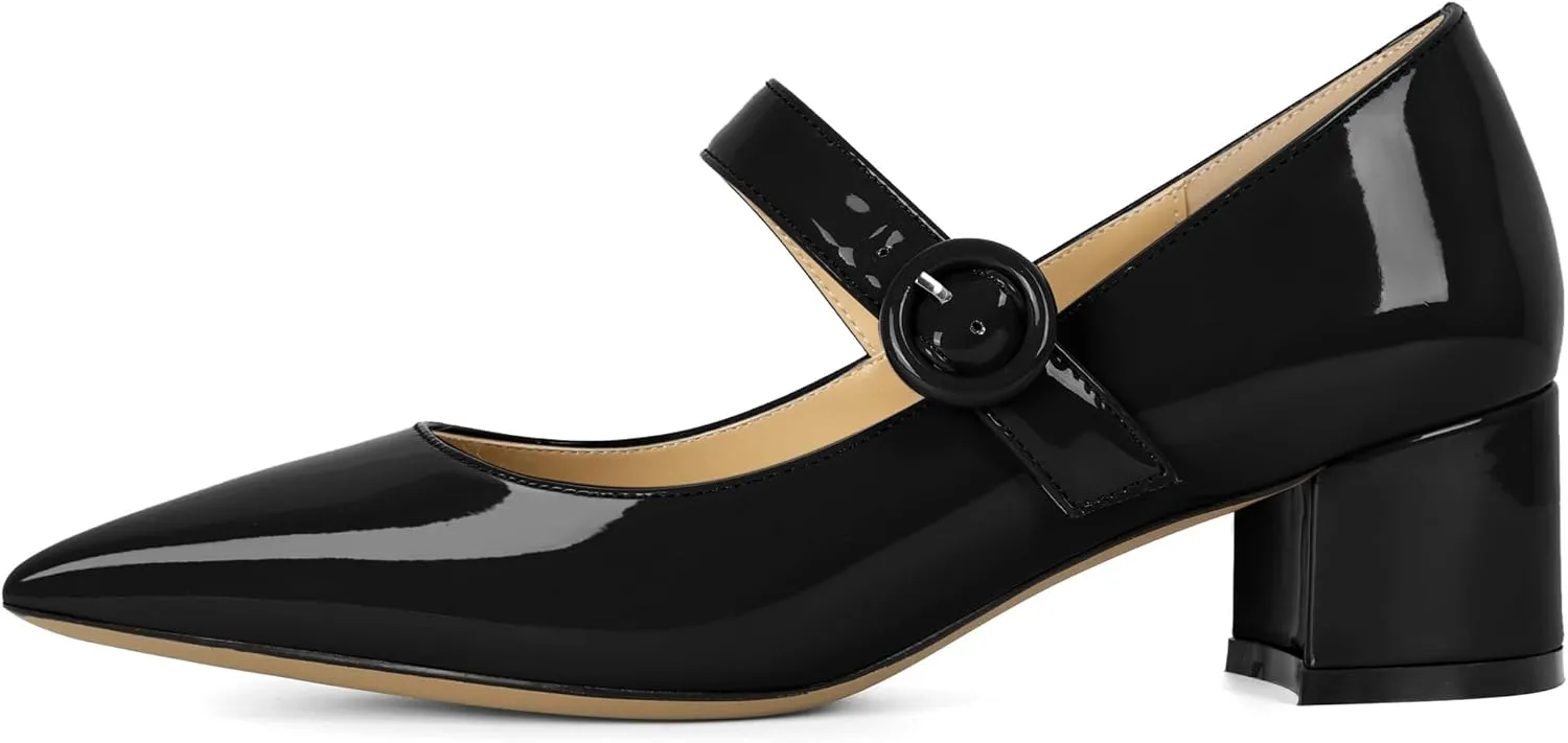 Eldof Women's Block Heels Chic Mary Jane Pointed Toe Chunky Pumps Dressy Office Wedding Shoes 2 Inches
