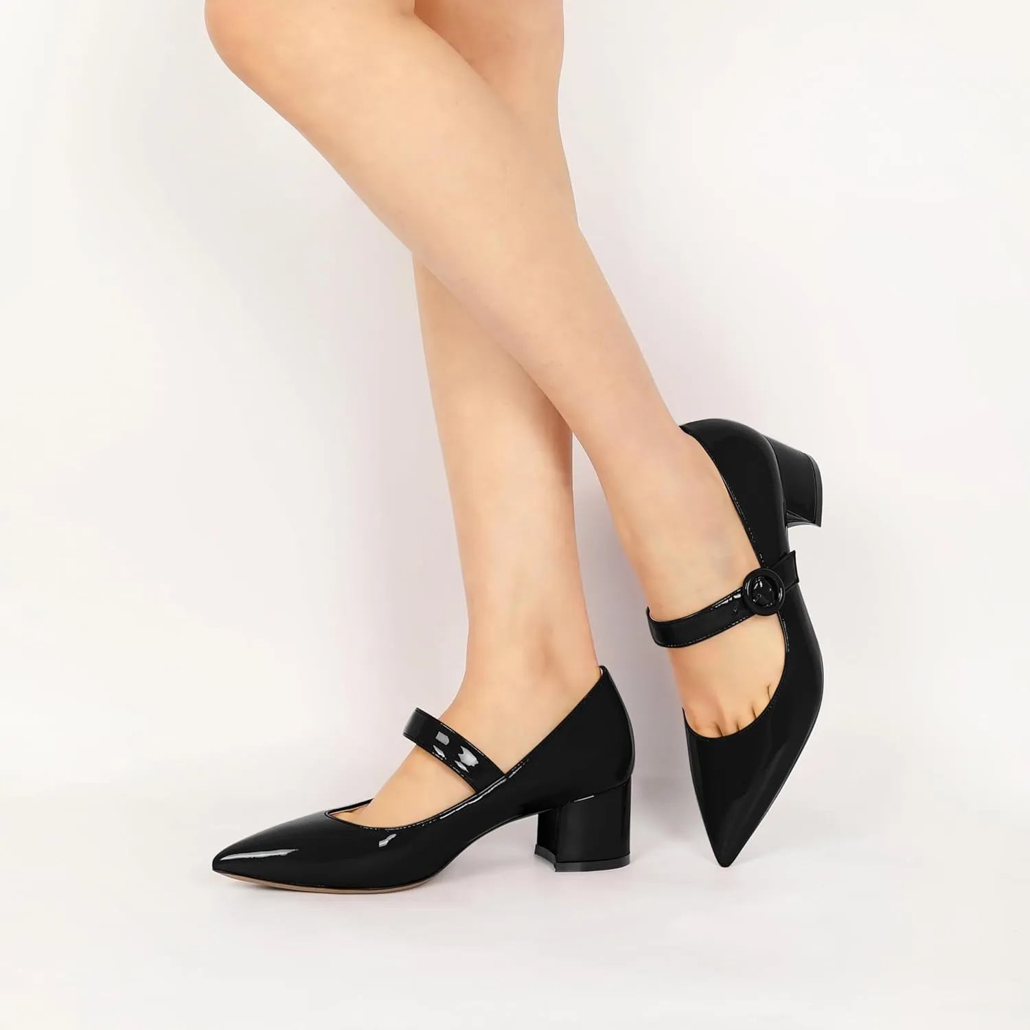 Eldof Women's Block Heels Chic Mary Jane Pointed Toe Chunky Pumps Dressy Office Wedding Shoes 2 Inches