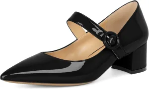 Eldof Women's Block Heels Chic Mary Jane Pointed Toe Chunky Pumps Dressy Office Wedding Shoes 2 Inches