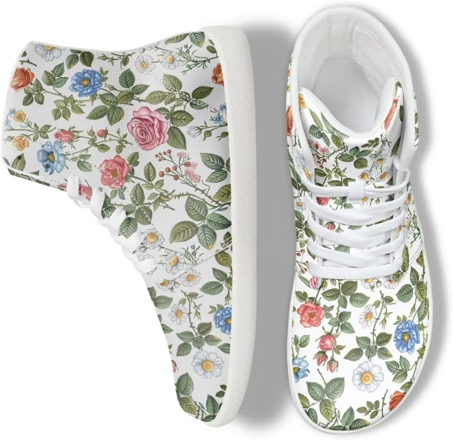 Floral Print Barefoot Sneakers for Women High Top PU Footwear Width Toe Anti-Skid Running Cross Training Shoes