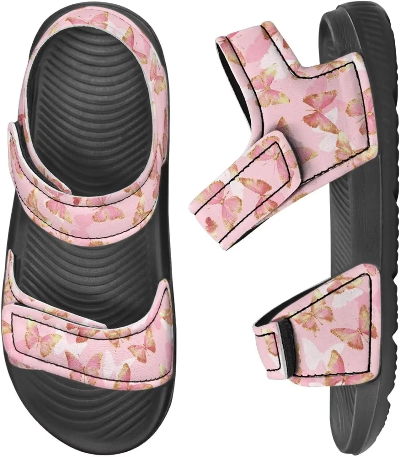 Girls' Double Hook and Loop Sandals, Kids' Print Summer Shoes, Anti-Slip, Comfort, Stable for Swimming, Beach