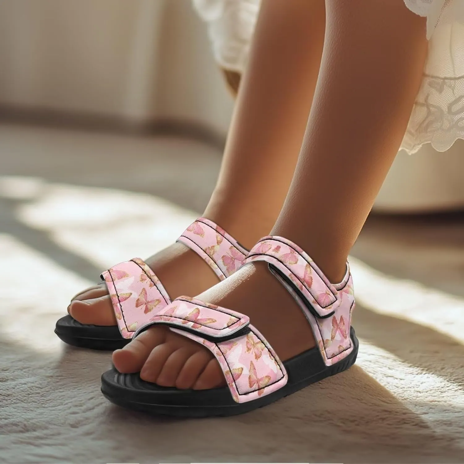 Girls' Double Hook and Loop Sandals, Kids' Print Summer Shoes, Anti-Slip, Comfort, Stable for Swimming, Beach