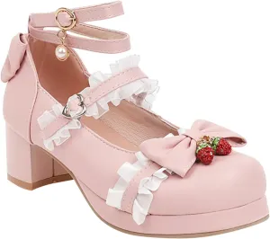 Girls Lolita Shoes Cute Bow Heels Shoes Dress Platform Strappy High Heels Kawaii Mary Jane Shoes Toddler Girl Size 8