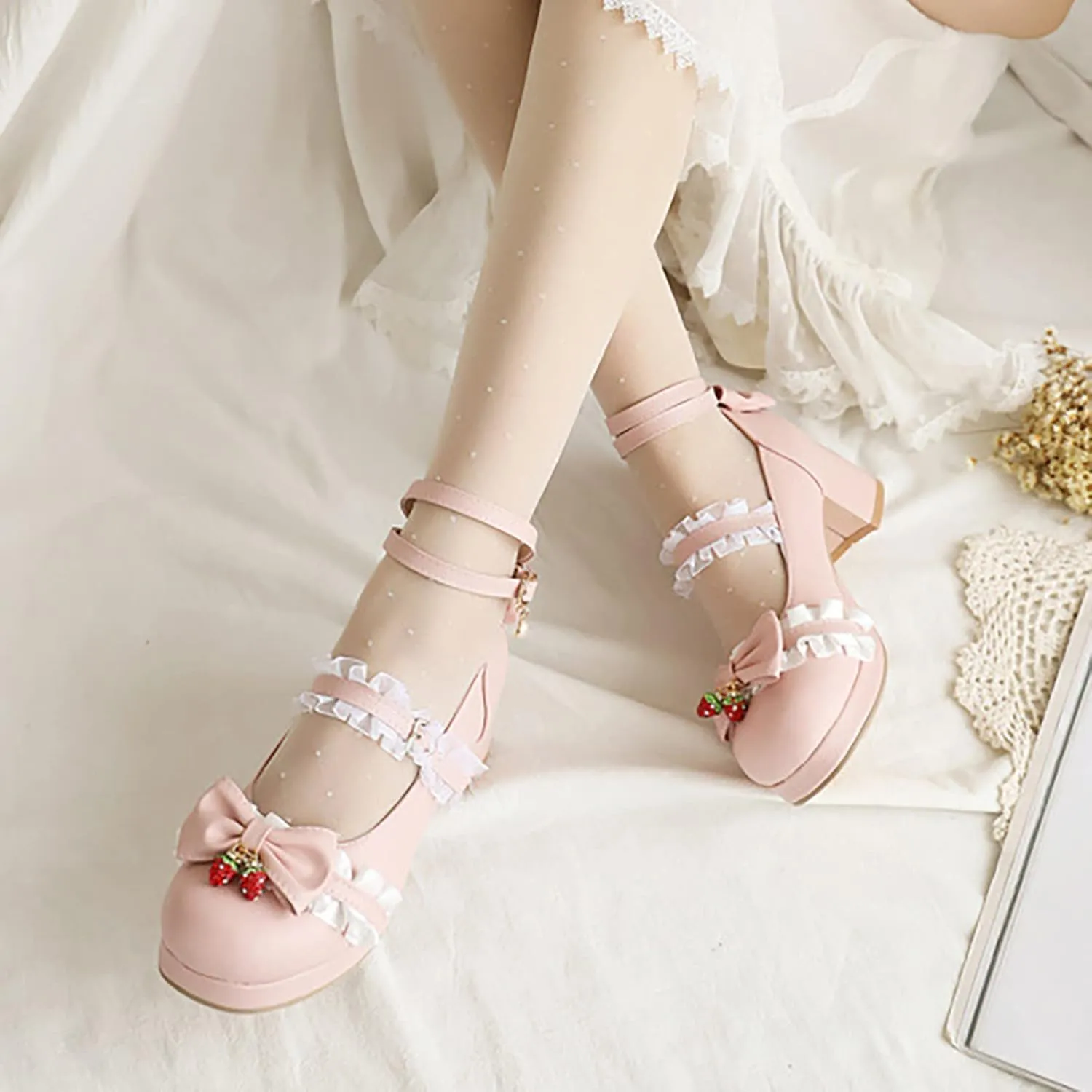 Girls Lolita Shoes Cute Bow Heels Shoes Dress Platform Strappy High Heels Kawaii Mary Jane Shoes Toddler Girl Size 8