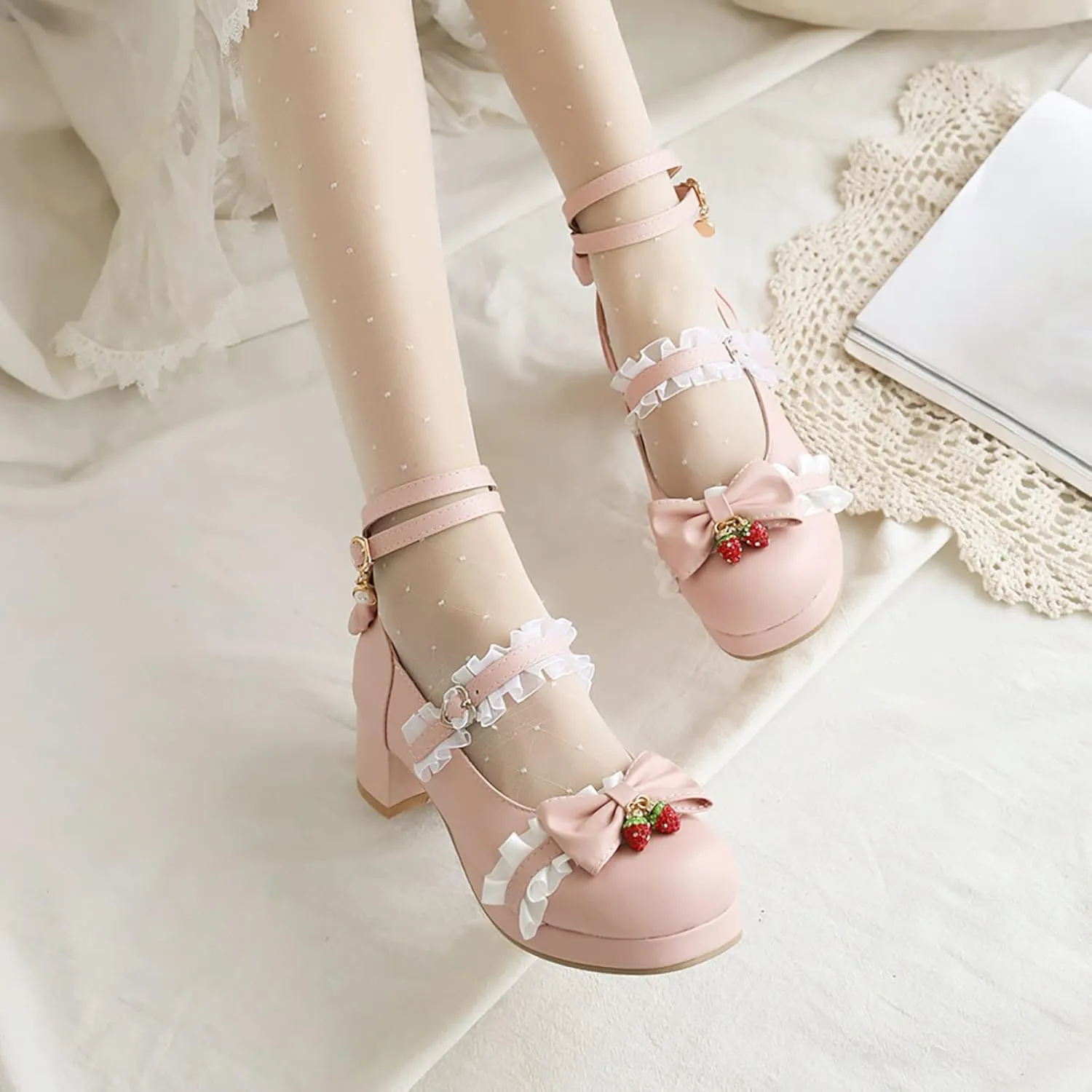 Girls Lolita Shoes Cute Bow Heels Shoes Dress Platform Strappy High Heels Kawaii Mary Jane Shoes Toddler Girl Size 8