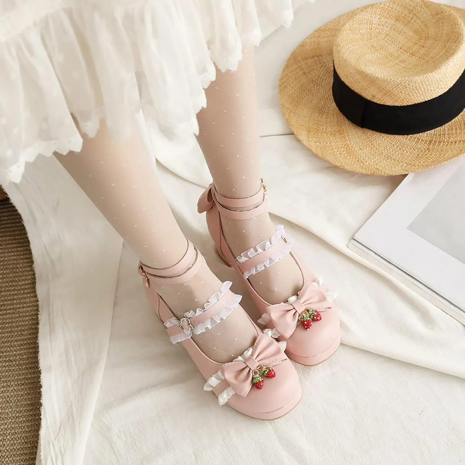 Girls Lolita Shoes Cute Bow Heels Shoes Dress Platform Strappy High Heels Kawaii Mary Jane Shoes Toddler Girl Size 8