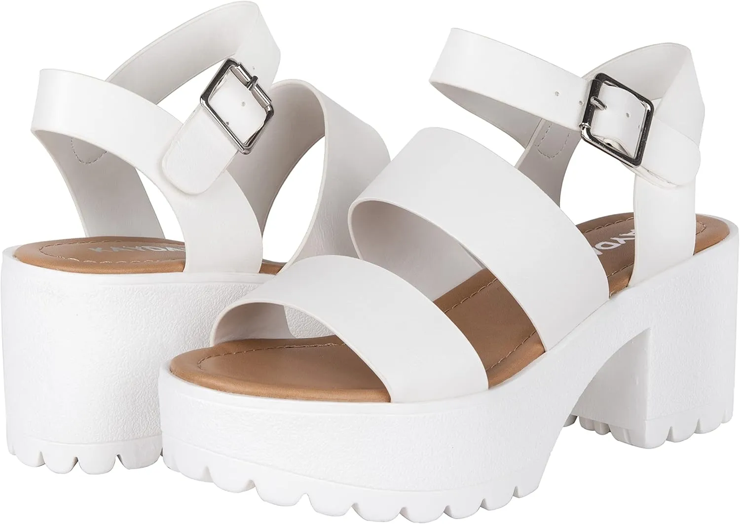 KAYDAY ~BOOIE~ Womens Open Toe Two Bands Lug sole Block Heel Sandals with Adjustable Ankle Strap Platform