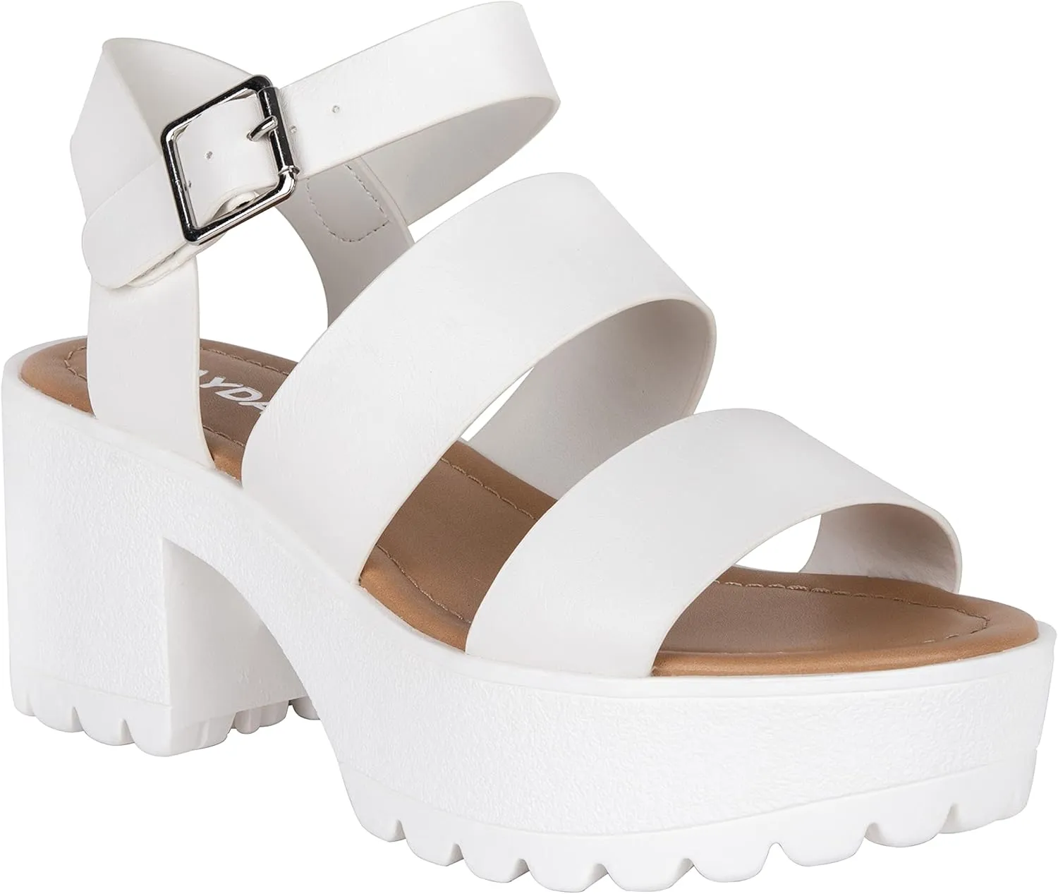 KAYDAY ~BOOIE~ Womens Open Toe Two Bands Lug sole Block Heel Sandals with Adjustable Ankle Strap Platform