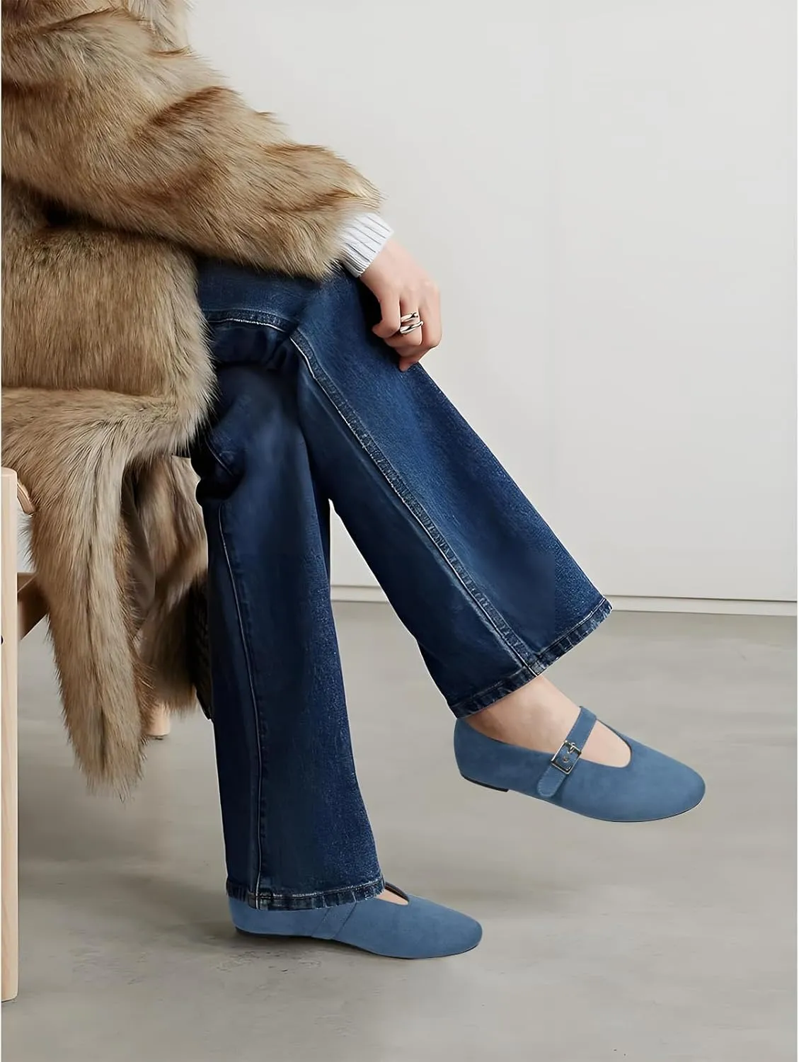 Mary Jane Ballet Flats for Women Buckle Strap Round Toe Suede Wide Width Flats Casual Ballerina Shoes
