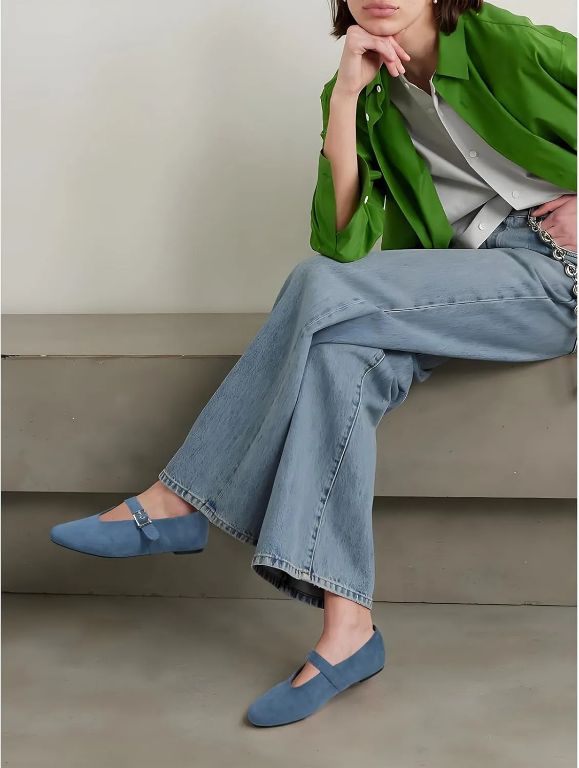 Mary Jane Ballet Flats for Women Buckle Strap Round Toe Suede Wide Width Flats Casual Ballerina Shoes