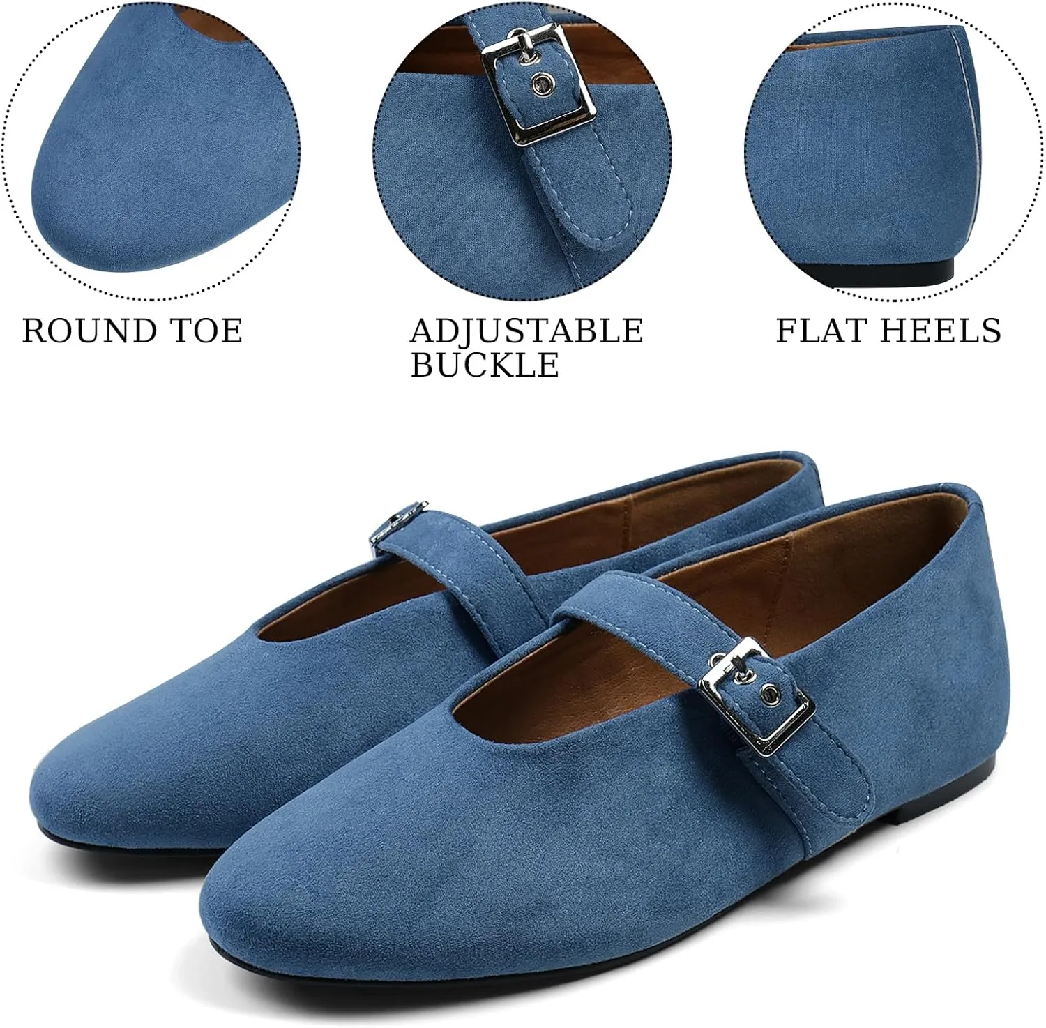 Mary Jane Ballet Flats for Women Buckle Strap Round Toe Suede Wide Width Flats Casual Ballerina Shoes