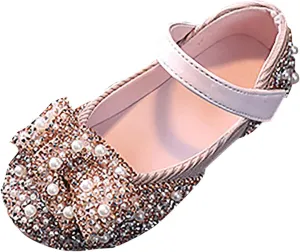 Mary Jane Shoes for Girls Kids Toddler Sequin Pearls Ballerina Flat with Strap Wedding Dance Party School Dress Shoes
