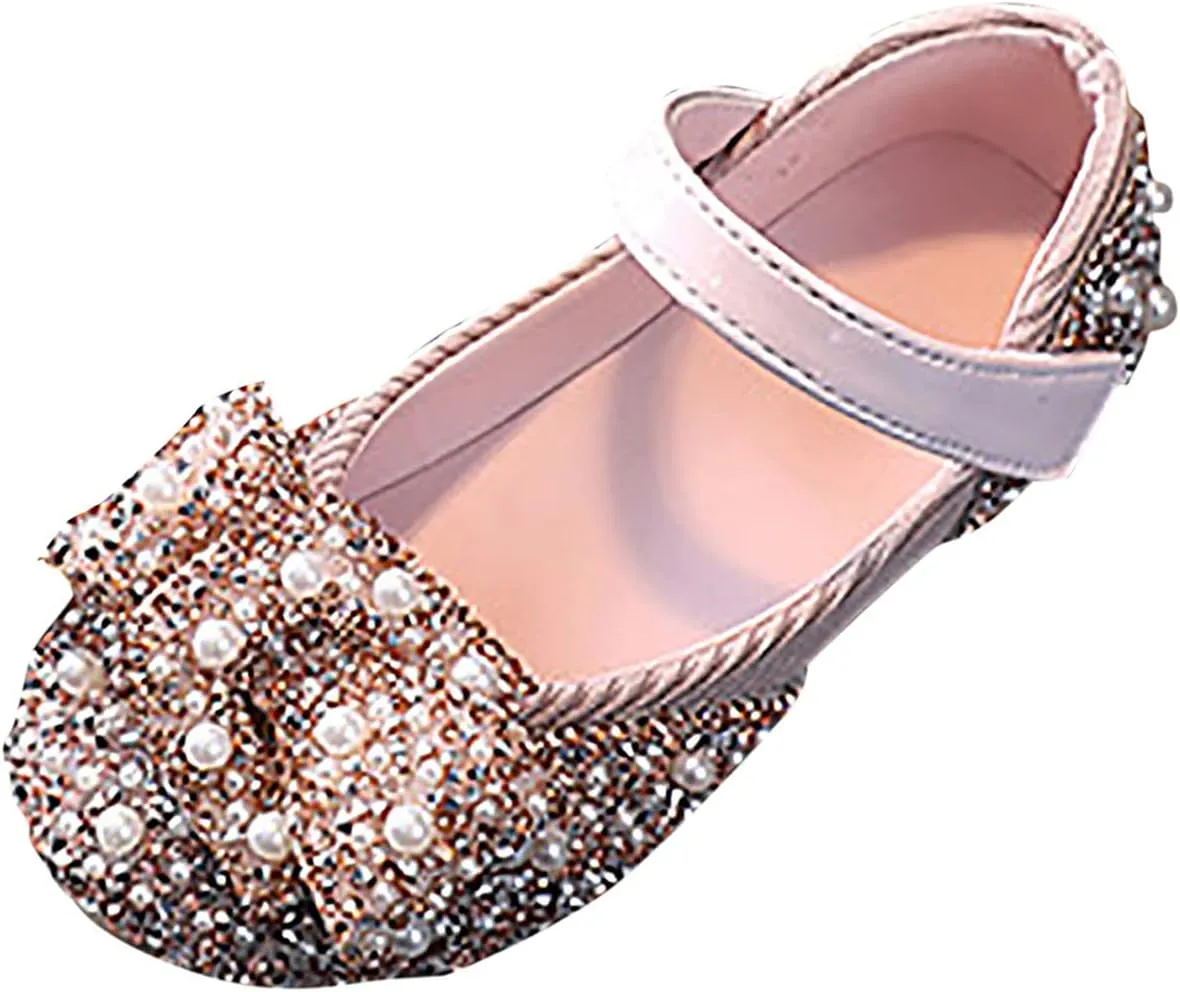 Mary Jane Shoes for Girls Kids Toddler Sequin Pearls Ballerina Flat with Strap Wedding Dance Party School Dress Shoes