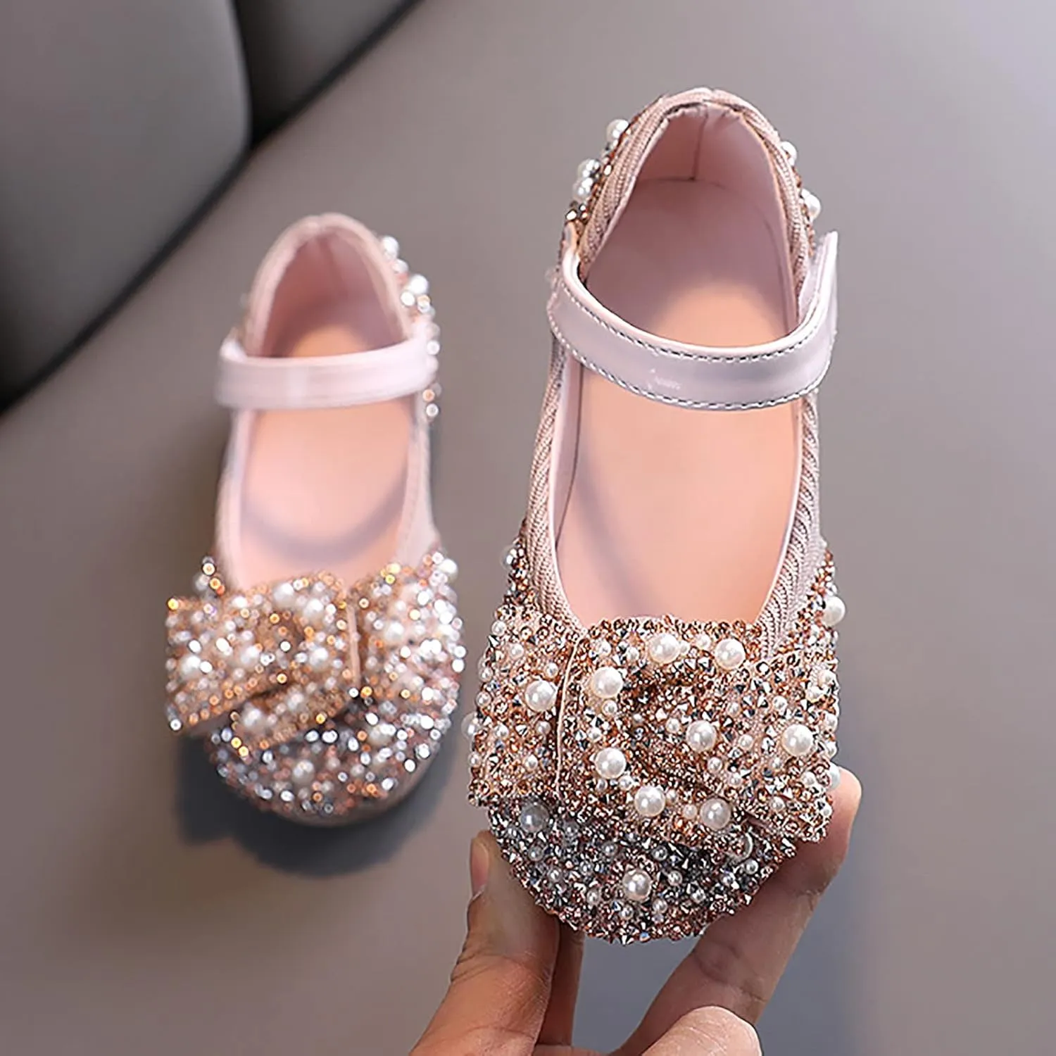 Mary Jane Shoes for Girls Kids Toddler Sequin Pearls Ballerina Flat with Strap Wedding Dance Party School Dress Shoes