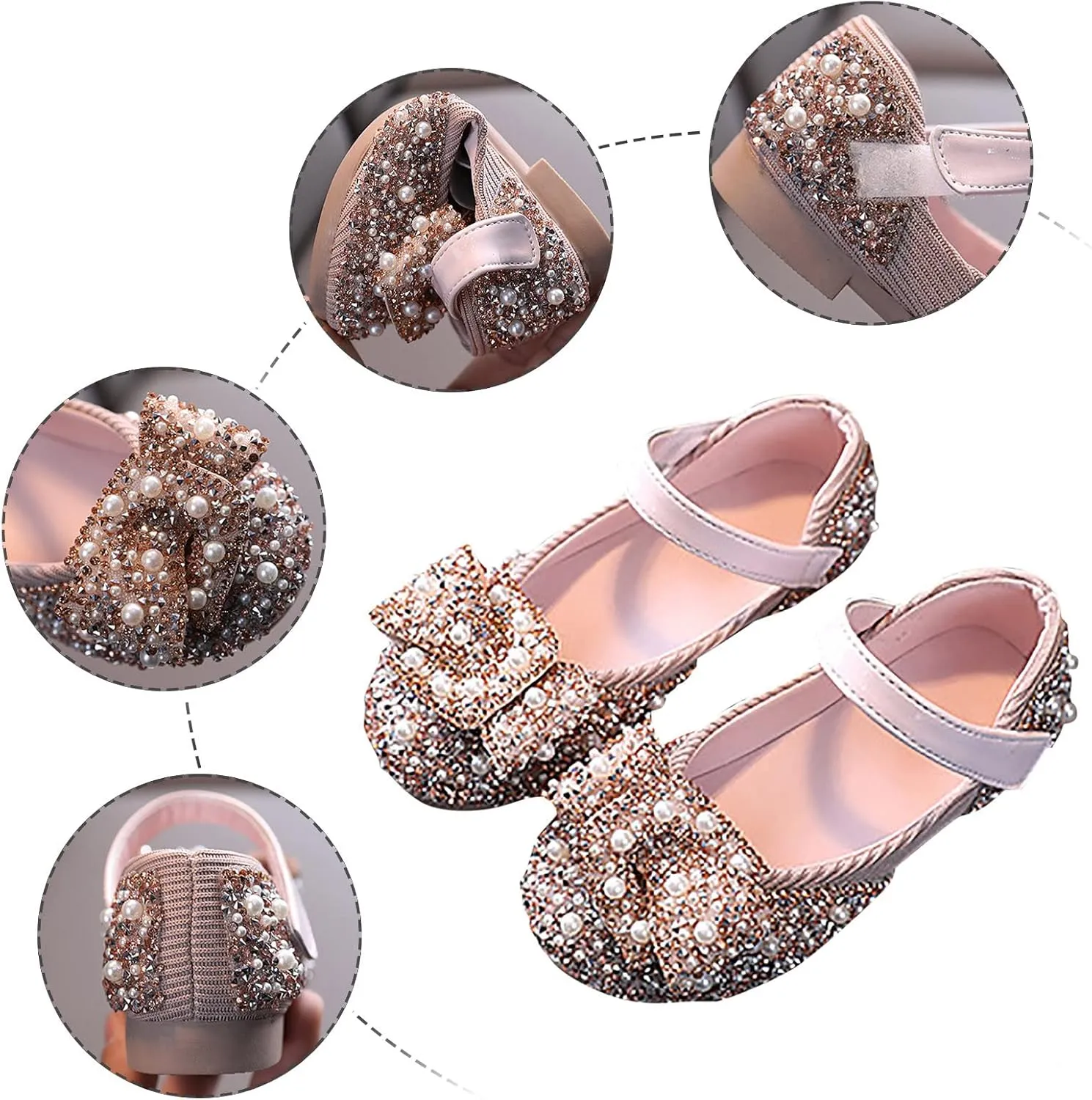 Mary Jane Shoes for Girls Kids Toddler Sequin Pearls Ballerina Flat with Strap Wedding Dance Party School Dress Shoes