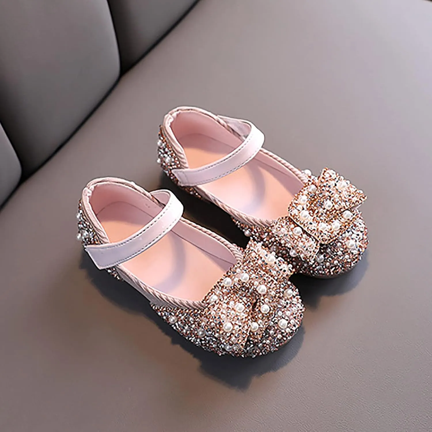 Mary Jane Shoes for Girls Kids Toddler Sequin Pearls Ballerina Flat with Strap Wedding Dance Party School Dress Shoes