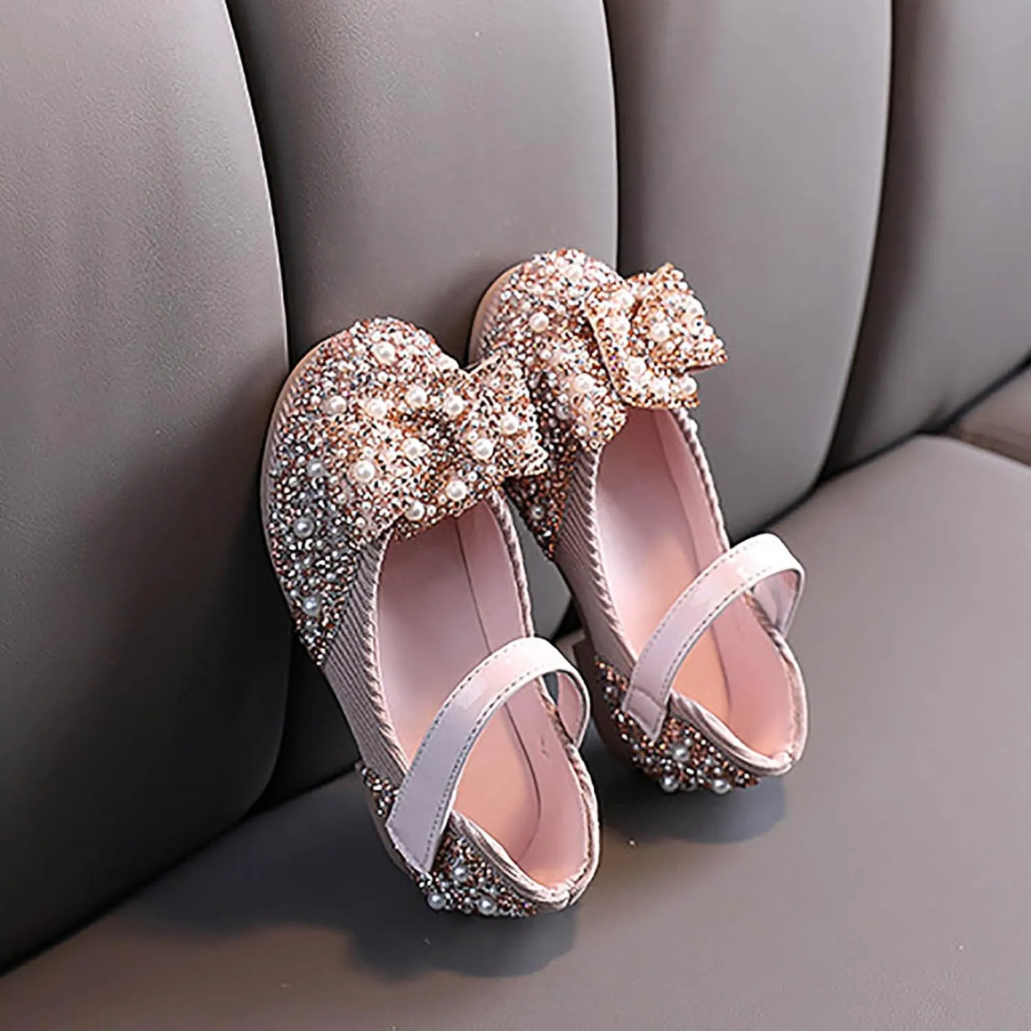 Mary Jane Shoes for Girls Kids Toddler Sequin Pearls Ballerina Flat with Strap Wedding Dance Party School Dress Shoes