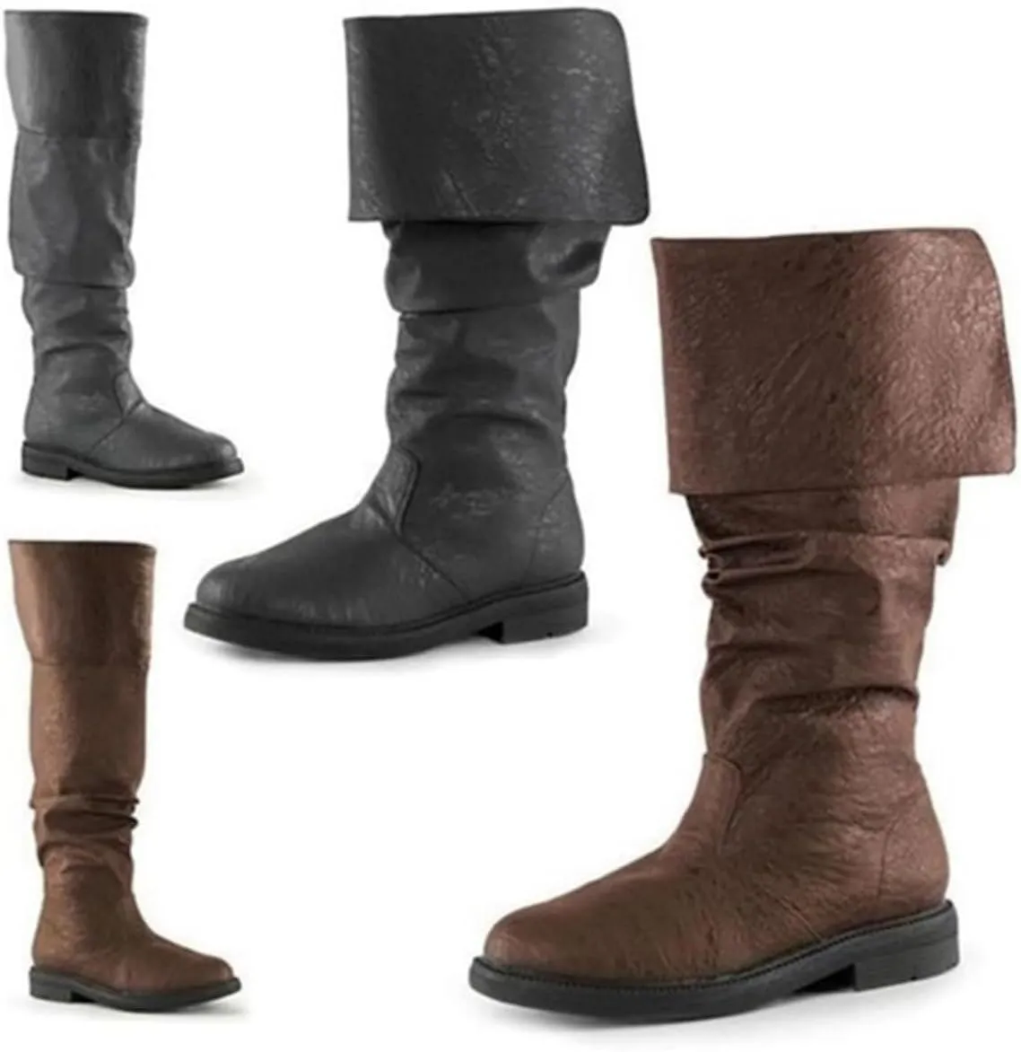 Medieval Pirate Boots - Oversized Renaissance Two Ways to Wear, Knight, Gothic Cosplay, Mid Calf, Pull On, Flat Jazz Boots (US 11.5, Brown)
