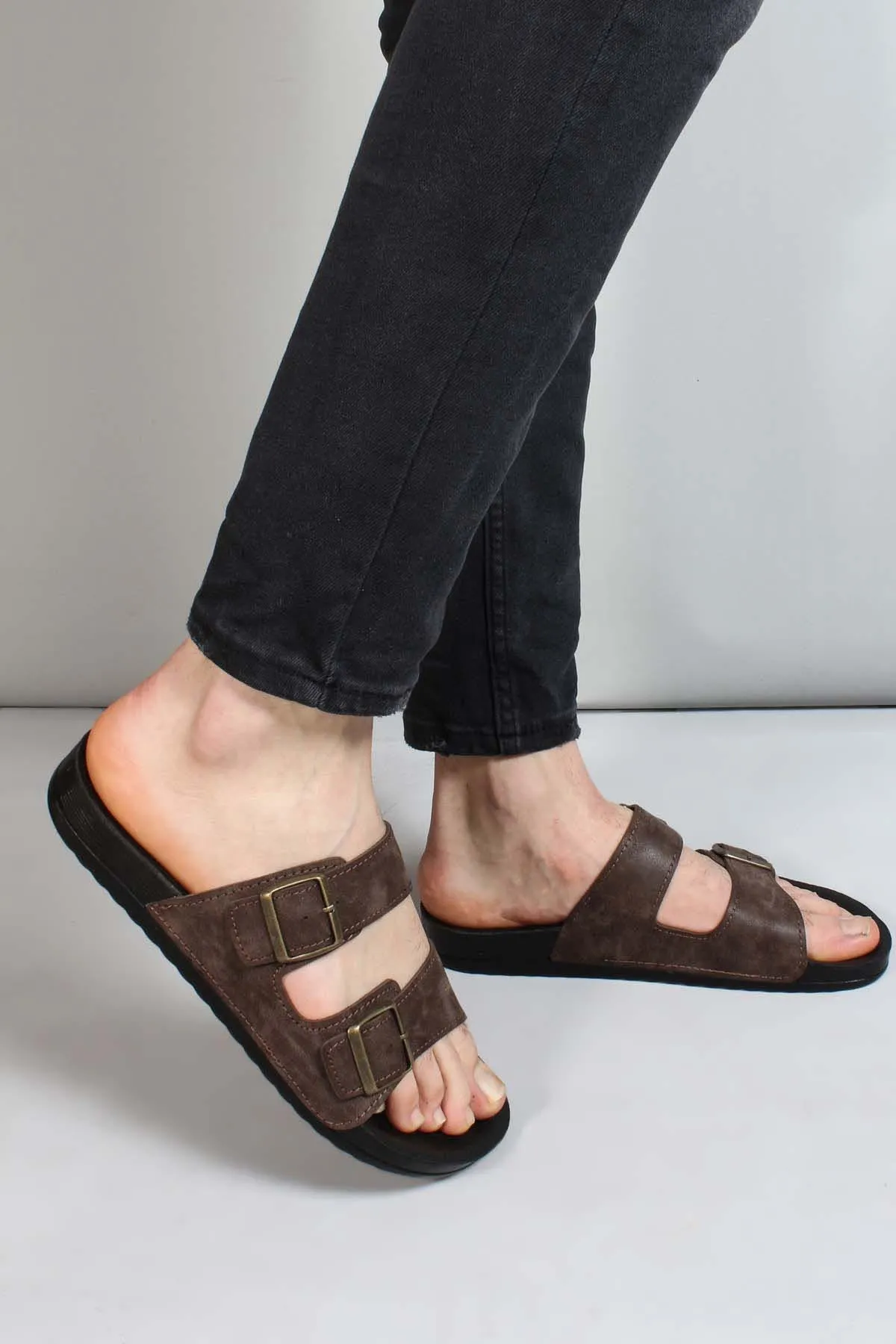 Men's Brown Suede Double-Strap Slide Sandals with Buckles - Wessi