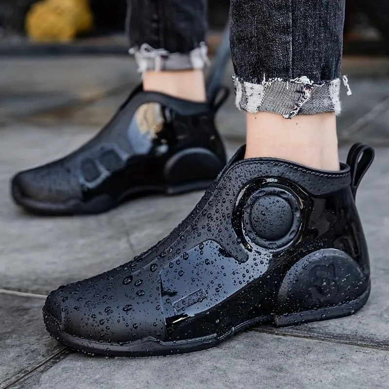 Men's Solid Color Slip On Waterproof Rain Boots, Comfy Non Slip Durable Water Shoes For Men's Rainy Day Outdoor Activities