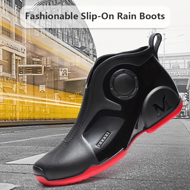Men's Solid Color Slip On Waterproof Rain Boots, Comfy Non Slip Durable Water Shoes For Men's Rainy Day Outdoor Activities