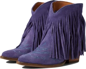 MOOMMO Women Tassel Western Booties Chunky Block Heel Suede Cowboy Ankle Boots Fringe Pointed Closed Toe V-Cut Stacked Heel Slip On Short Boots Chic Cowgirl Embroidered Retro Purple 9 M US