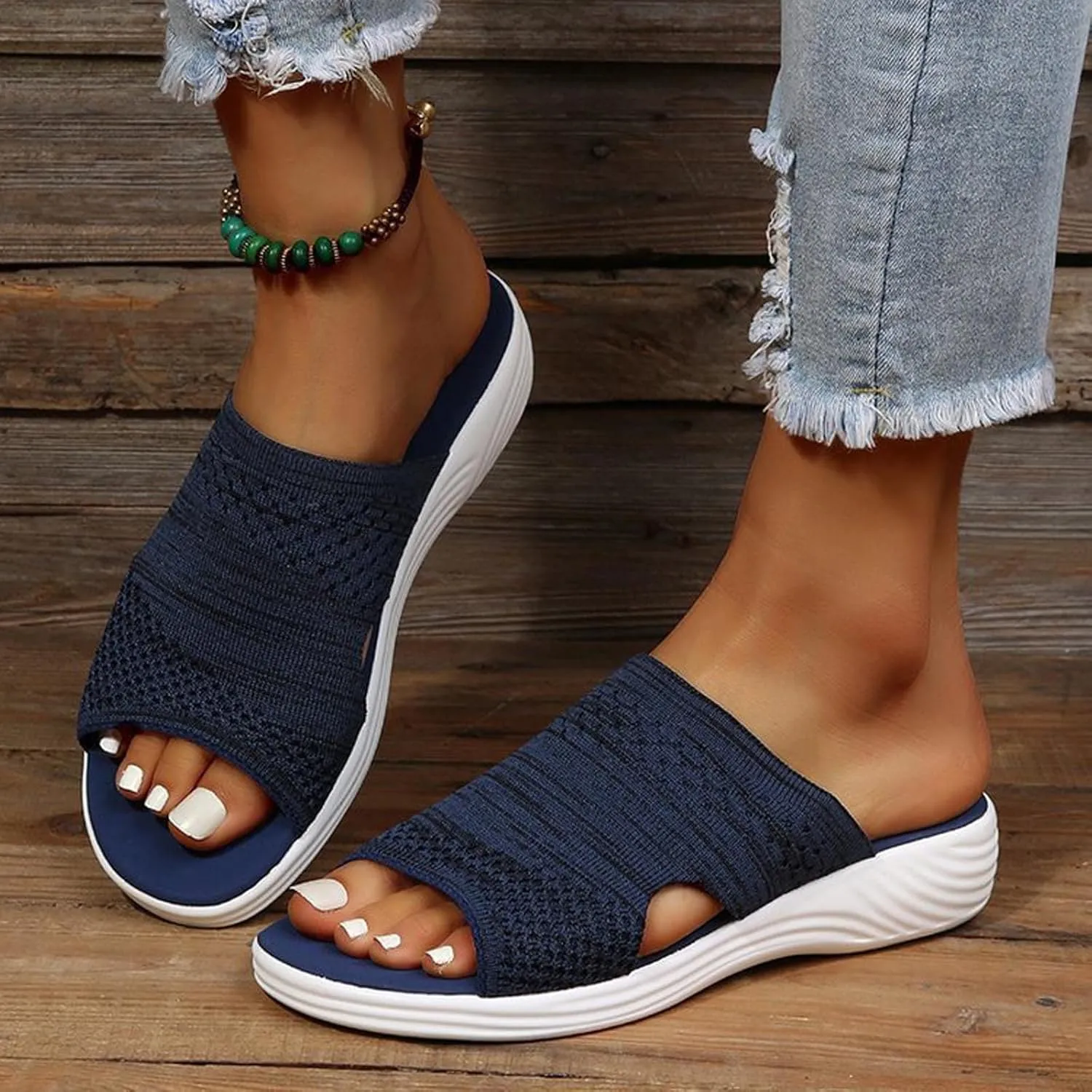 oiangi Sandals Women Dressy Summer Comfortable Wedge Slides Solid Breathable Open Toe Slip on Slipper Lightweight Outdoor Ladies Beach Travel Shoes