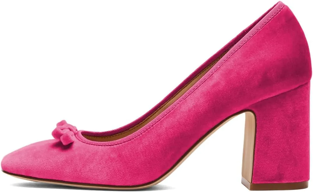 Pazzion Women Chic Round Closed Toe Pumps Velvet Double Bows Chunky High Heel Slip On Ladies Shoes for Daily Leisure Outdoor Size 4-16 US