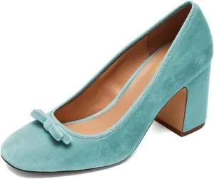 Pazzion Women Chic Round Closed Toe Pumps Velvet Double Bows Chunky High Heel Slip On Ladies Shoes for Daily Leisure Outdoor Size 4-16 US