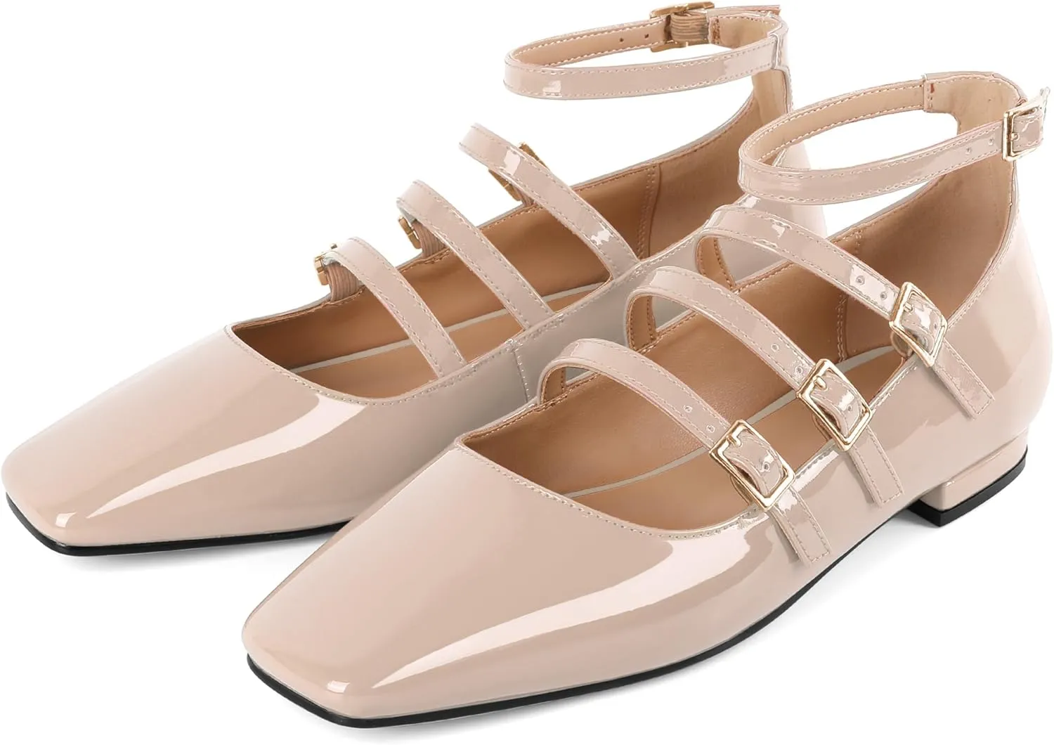 SAMMITOP Mary Jane Shoes Women Ballet Flats Low Block Heel Square Toe Flats Ankle Strap Pumps Wedding Dressy