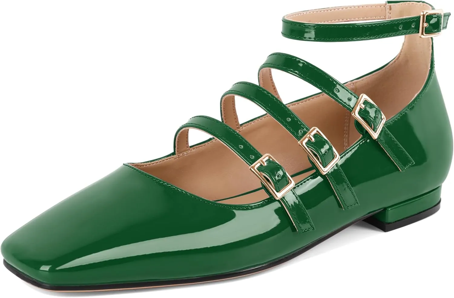 SAMMITOP Mary Jane Shoes Women Ballet Flats Low Block Heel Square Toe Flats Ankle Strap Pumps Wedding Dressy
