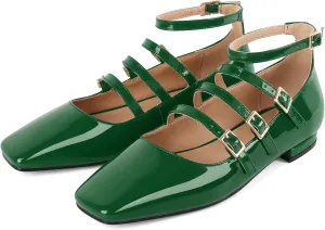 SAMMITOP Mary Jane Shoes Women Ballet Flats Low Block Heel Square Toe Flats Ankle Strap Pumps Wedding Dressy