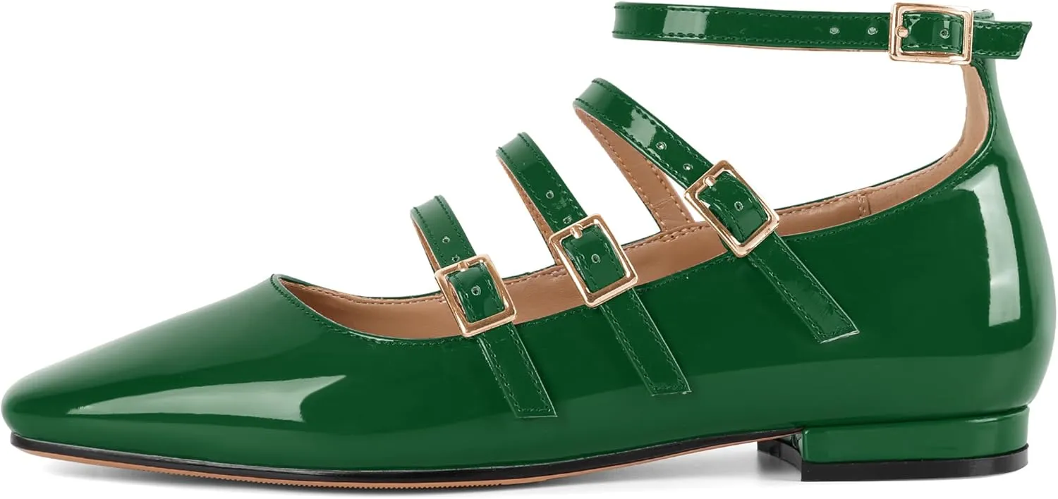 SAMMITOP Mary Jane Shoes Women Ballet Flats Low Block Heel Square Toe Flats Ankle Strap Pumps Wedding Dressy
