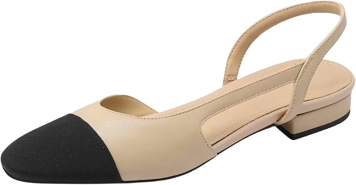 Slingback Flats for Women Closed Round Toe Low heel Sandals Fashion Splicing Dress Shoes, Two Toned Flats Wedding Shoes Womens Casual Low Heel Pumps All Day Comfort