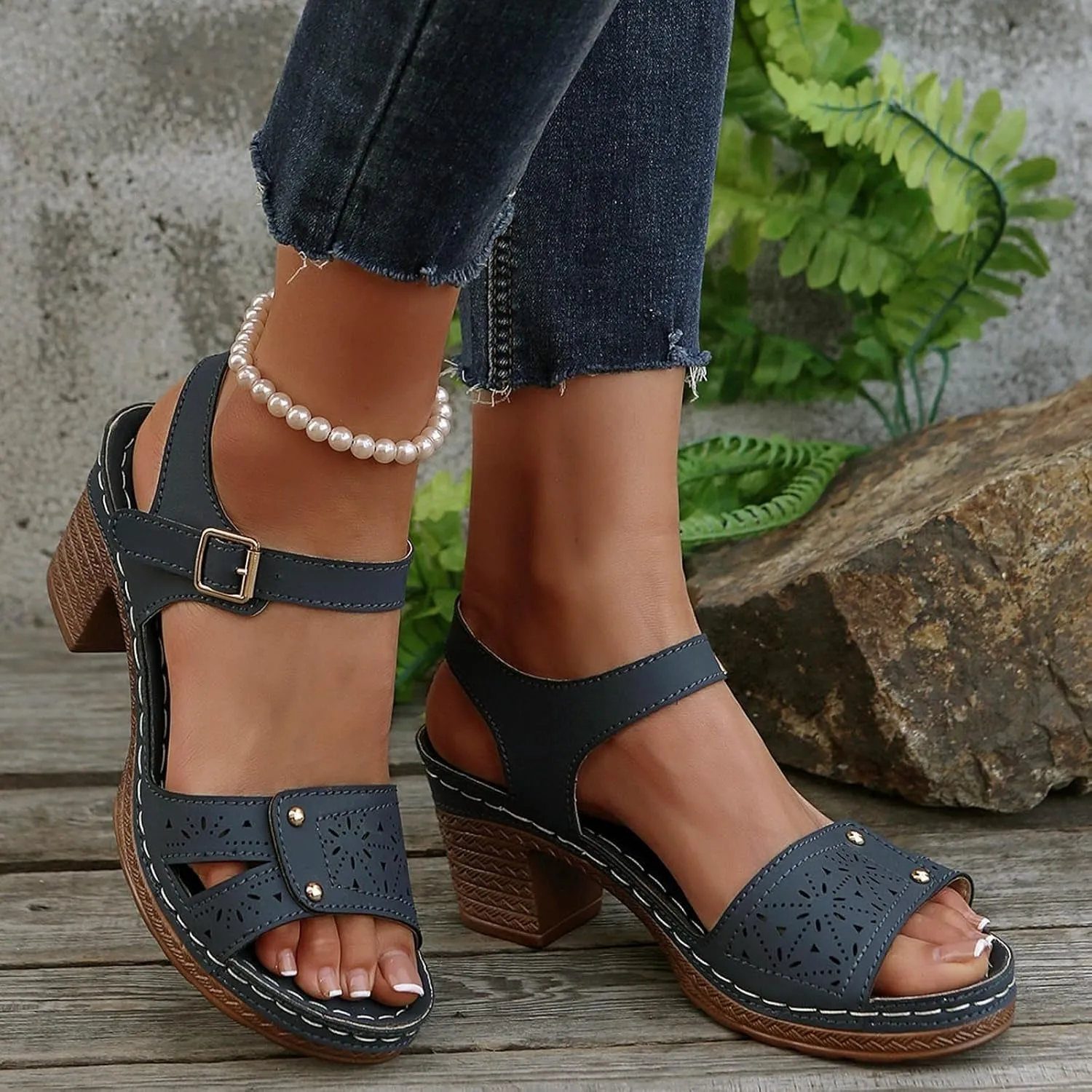 Slingback Heels for Women Chunky High Heels Sandals Adjustable Ankle Strap Buckle Sandals Hollow Out Open Toe Shoes Fashion Summer Breathable Dress Shoes Bohemian Beach Vacation Slingback