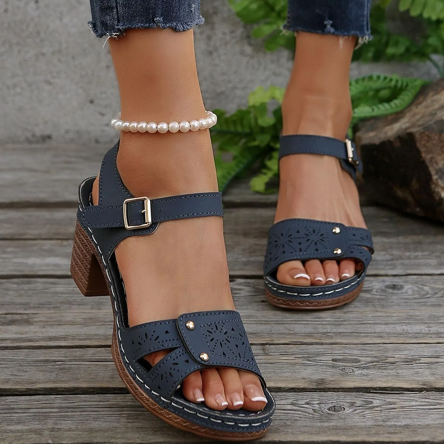 Slingback Heels for Women Chunky High Heels Sandals Adjustable Ankle Strap Buckle Sandals Hollow Out Open Toe Shoes Fashion Summer Breathable Dress Shoes Bohemian Beach Vacation Slingback