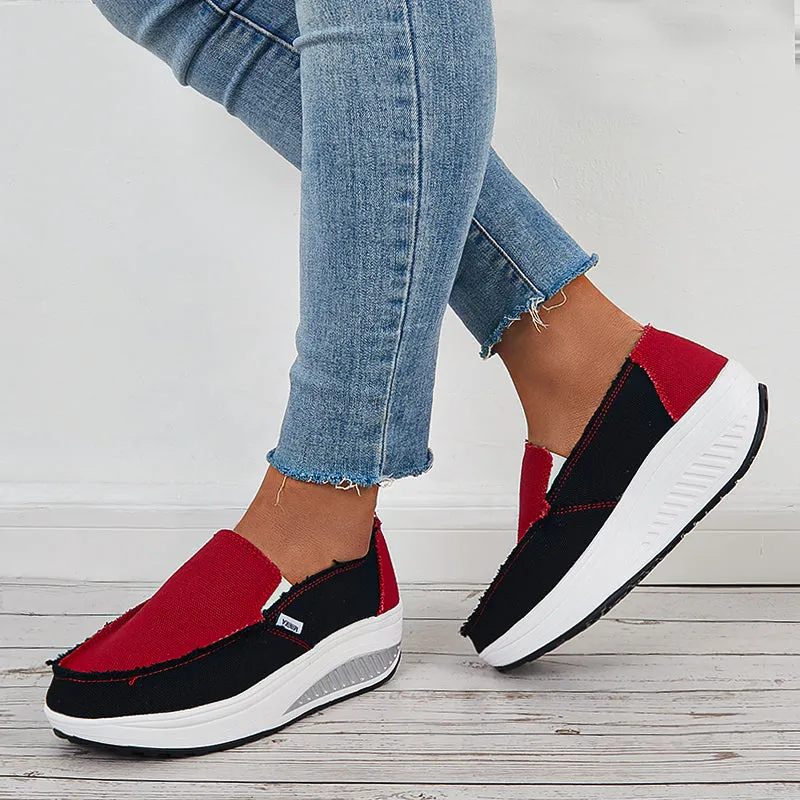 Sohiwoo  Women Retro Canvas Sneakers Platform Slip On Wedge Athletic Shoes