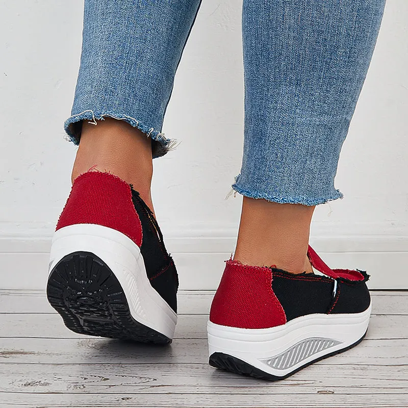 Sohiwoo  Women Retro Canvas Sneakers Platform Slip On Wedge Athletic Shoes